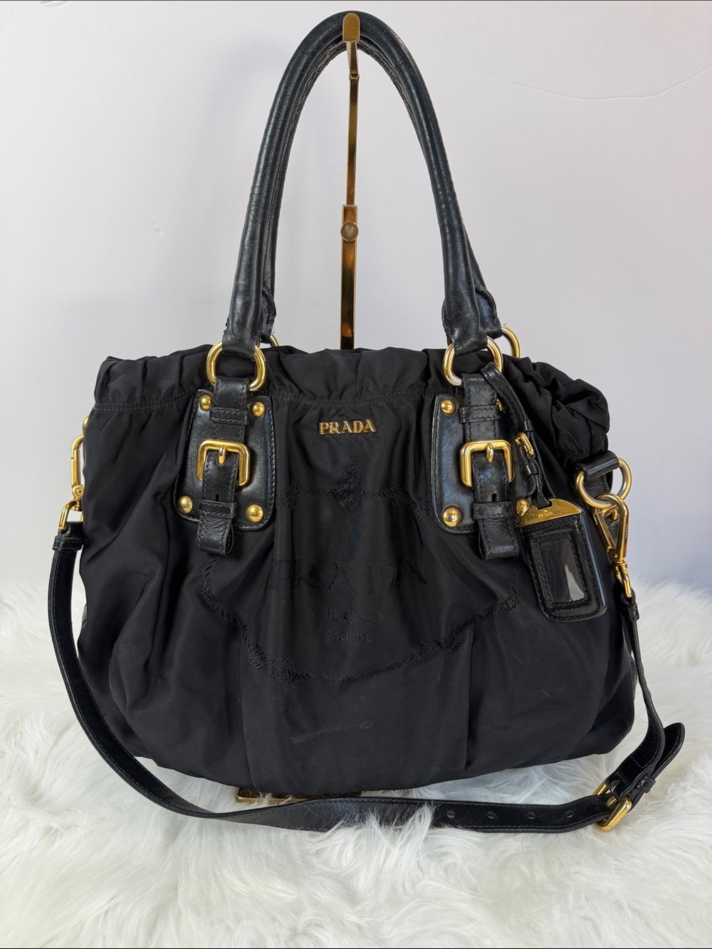 Prada Tessuto Gaufre Black Ruched Nylon Tote Shoulder Bag Gold Hardware